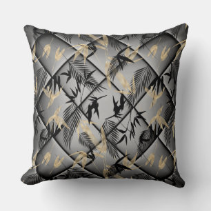 Elegant Silver Grey Black Gold palms Bamboo  Cushion