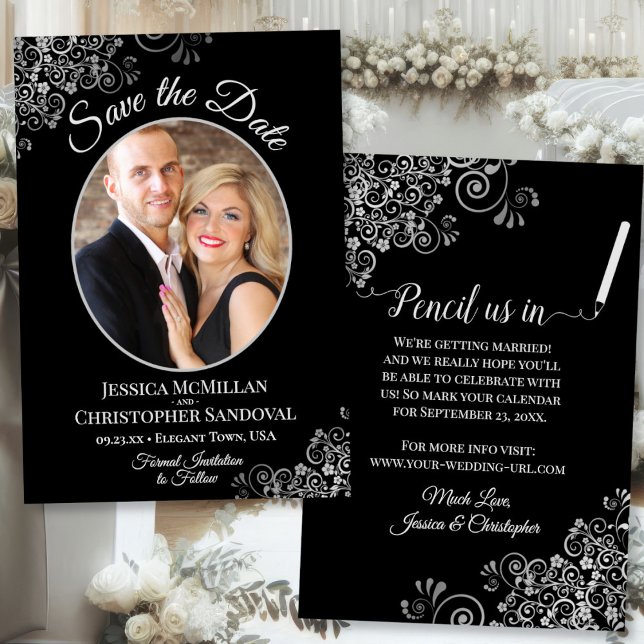 Elegant Silver Grey & Black Wedding Photo Fancy Save The Date (Front/Back)