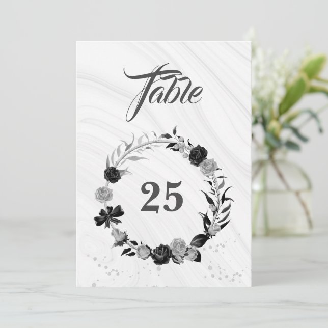 Elegant silver grey & black wreath table number (Standing Front)