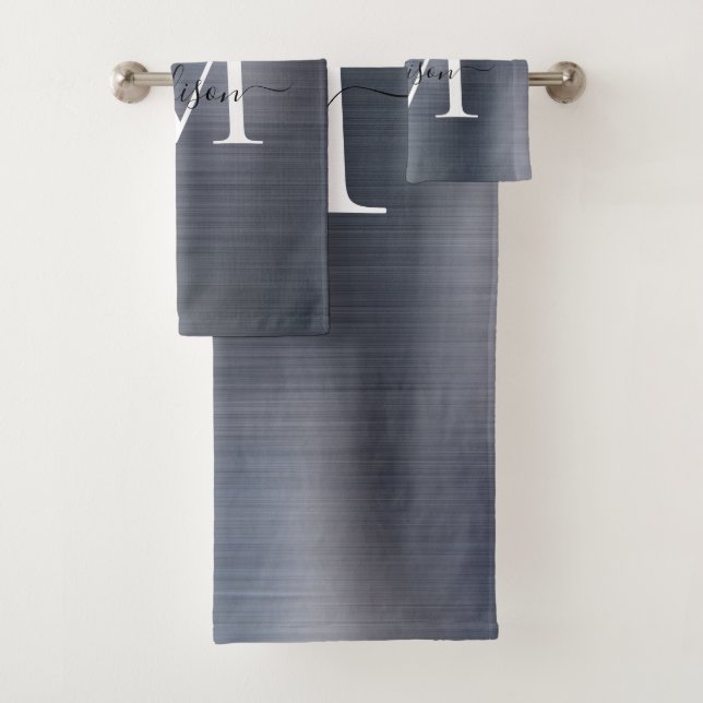 Elegant Silver Grey  Brushed Metal Monogram Script Bath Towel Set (Insitu)
