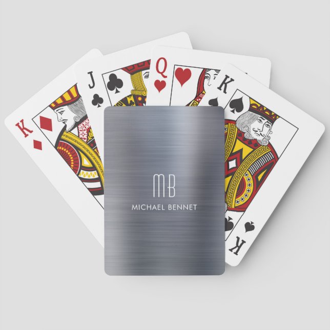 Elegant Silver Grey Brushed Metallic Monogram Name Playing Cards (Back)