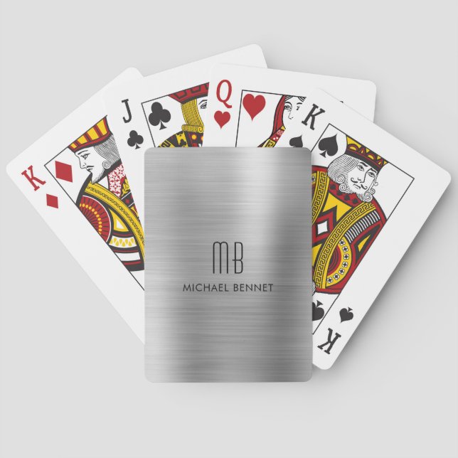 Elegant Silver Grey Brushed Metallic Monogram Playing Cards (Back)