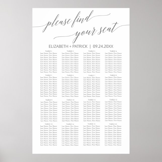 Elegant Silver Grey Calligraphy Seating Chart (Front)