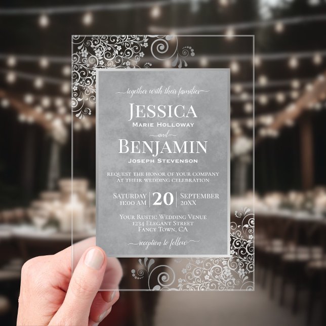 Elegant Silver Grey Curls Stylish Text Wedding Acrylic Invitations (Clear Acrylic with Rectangle Cut)