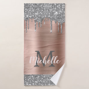 Elegant Silver Grey Glitter Drips Monogrammed Bath Towel