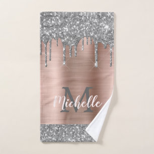 Elegant Silver Grey Glitter Drips Monogrammed Hand Towel
