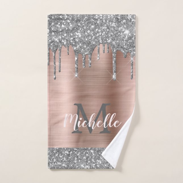 Elegant Silver Grey Glitter Drips Monogrammed Hand Towel (Hand Towel)