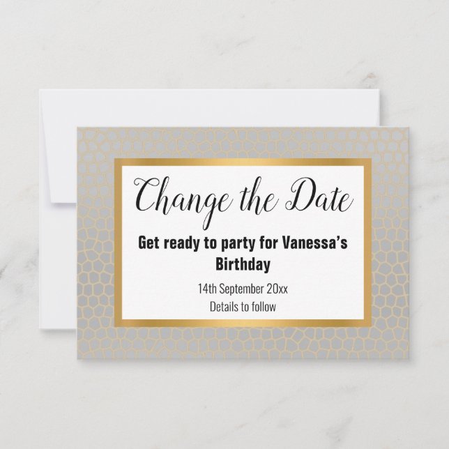 ELEGANT SILVER GREY GOLD CHANGE THE DATE RSVP CARD (Front)