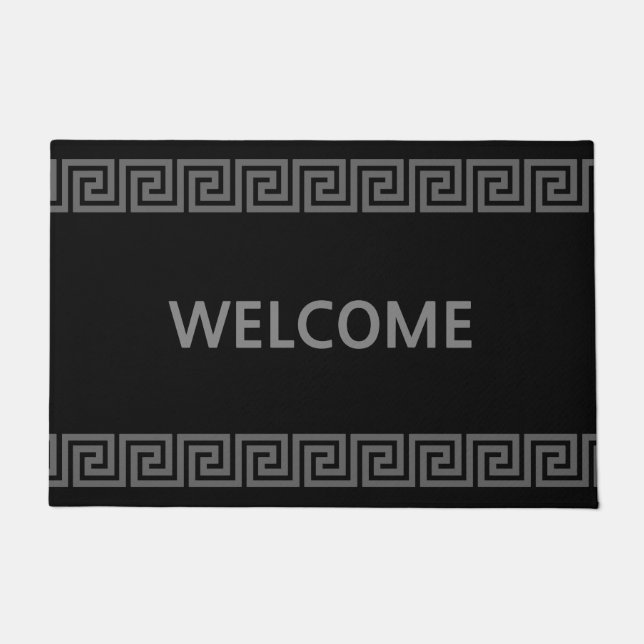 Elegant Silver Grey Greek Pattern on Black Welcome Doormat (Front)