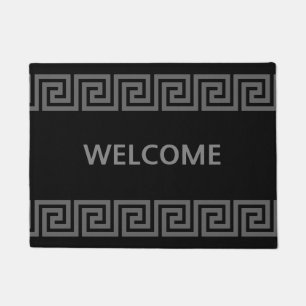 Elegant Silver Grey Greek Pattern on Black Welcome Doormat