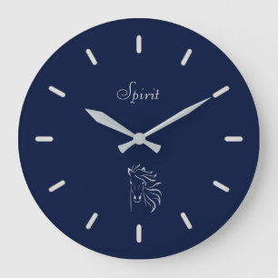 Elegant Silver Grey Horse Silhouette on Navy Blue Large Clock