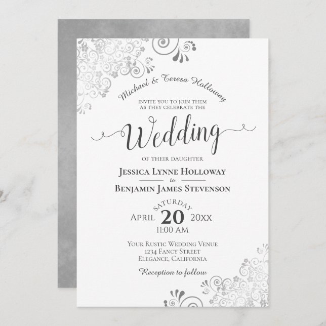 Elegant Silver Grey Lace Formal White Wedding Invitation (Front/Back)