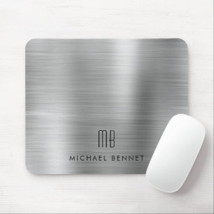 Elegant Silver Grey Metallic Monogram Name Mouse Pad