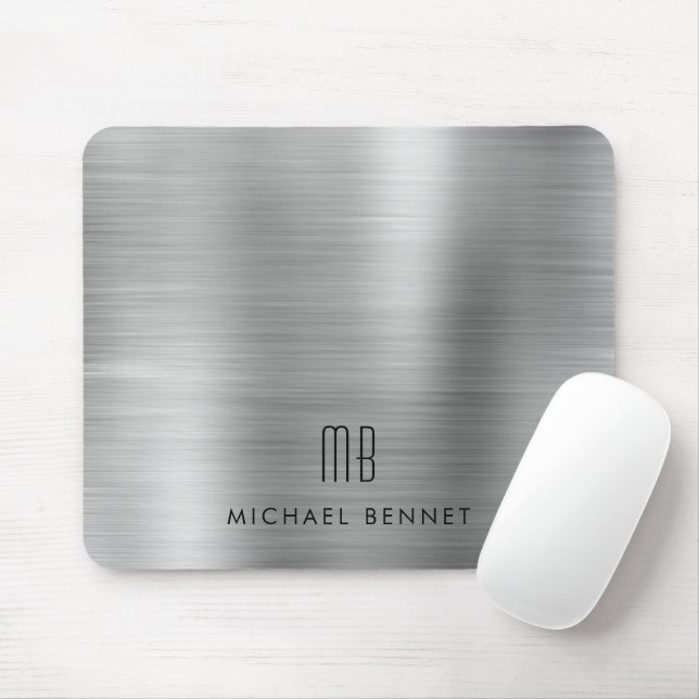 Elegant Silver Grey Metallic Monogram Name Mouse Pad (With Mouse)