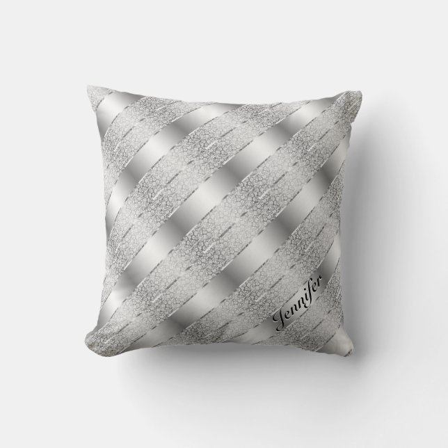 Elegant Silver Grey Metallic Stripes 2 Monogram Cushion (Front)