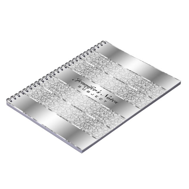 Elegant Silver Grey Metallic Stripes Monogram Notebook (Left Side)