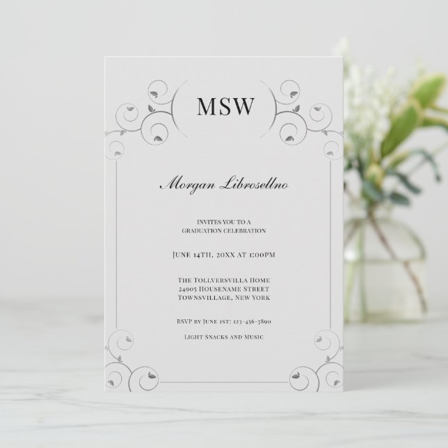 Elegant Silver Grey MSW Graduation Party Invitation (Standing Front)