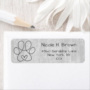 Elegant Silver Grey Paw with Heart Return Address Return Address Label