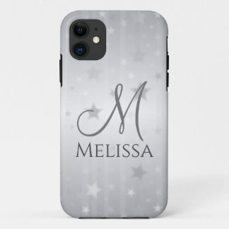 Elegant Silver Grey Stars Monogram iPhone 11 Case