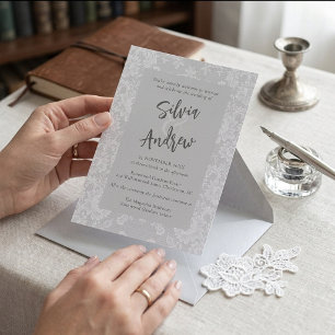 Elegant Silver Grey Vintage Lace Floral Wedding Invitation