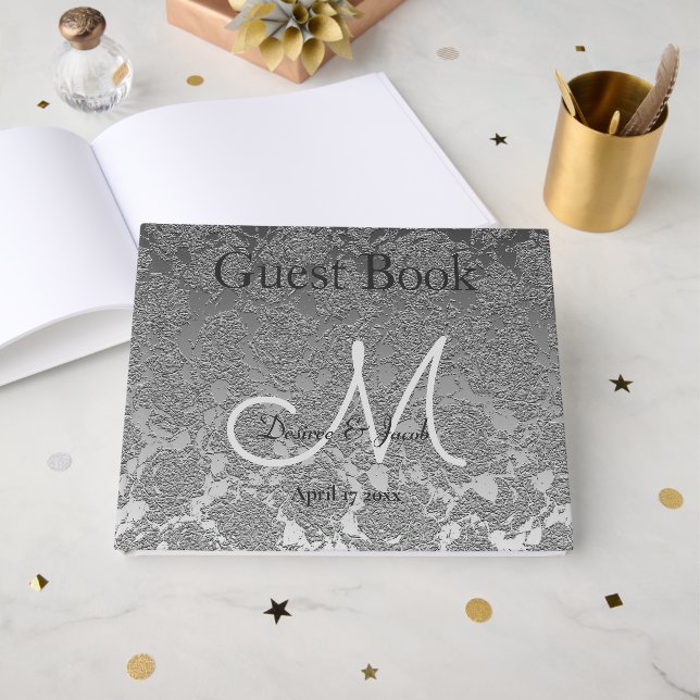 Elegant Silver Grey Wedding Reception Monogram Guest Book (Front Open)