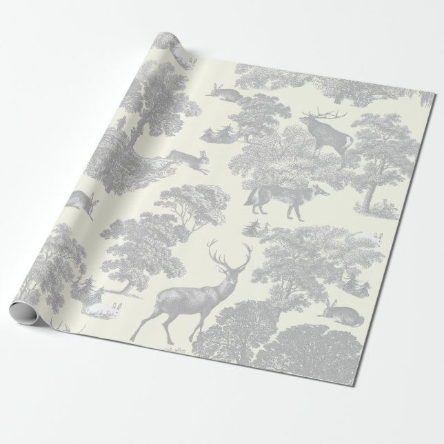 Elegant Silver Grey White Toile Deer Woodland Wrapping Paper (Unrolled)