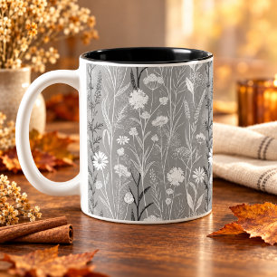 Elegant Silver Grey Wildflower Meadow Botanical Two-Tone Coffee Mug
