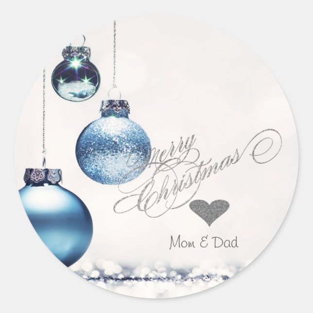 Elegant Silver Heart,Blue Christmas Balls Classic Round Sticker (Front)