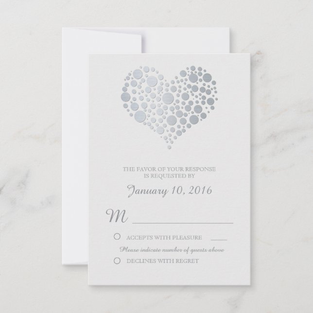 Elegant Silver Heart Light Grey Wedding RSVP Card (Front)
