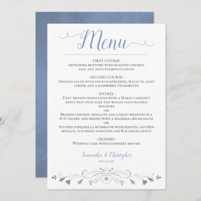 Elegant Silver Hearts Filigree Dusty Blue Wedding Menu (Front/Back)
