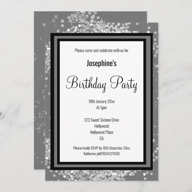 ELEGANT SILVER HOLOGRAPHIC GREY BLACK BIRTHDAY INVITATION (Front/Back)