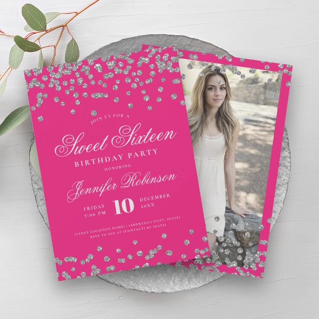 Elegant Silver Hot Pink Confetti Photo Sweet 16   Invitation (Elegant Silver Hot Pink Confetti Photo Sweet 16 Invitation)