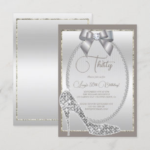 Elegant Silver Jewel Bow & Stiletto Birthday Invitation