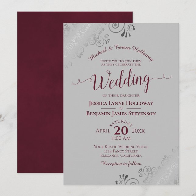 Elegant Silver Lace Burgundy & Grey Formal Wedding Invitation (Front/Back)