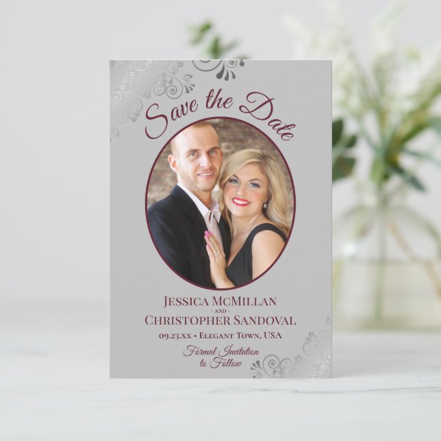 Elegant Silver Lace Burgundy on Grey Photo Wedding Save The Date (Standing Front)