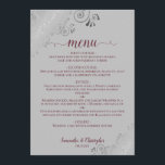Elegant Silver Lace Burgundy on Grey Wedding Menu<br><div class="desc">This beautiful wedding menu is simple,  elegant,  sophisticated and stylish. It features an elegant grey design with lacy burgundy or maroon script calligraphy and delicate silver curls and swirls in the corners. The back is a beautiful marbled burgundy colour.</div>