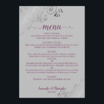 Elegant Silver Lace Cassis Purple on Grey Wedding Menu<br><div class="desc">This beautiful wedding menu is simple,  elegant,  sophisticated and stylish. It features an elegant grey design with lacy cassis purple or magenta script calligraphy and delicate silver curls and swirls in the corners. The back is a beautiful marbled magenta colour.</div>