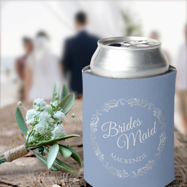 Elegant Silver Lace Dusty Blue Bridesmaid Wedding Can Cooler (Creator Uploaded)