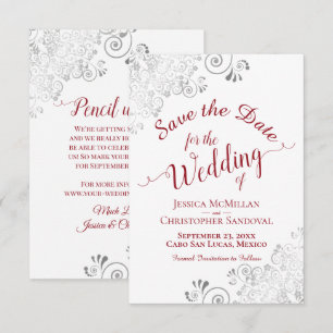 Elegant Silver Lace Filigree Red on White Wedding Save The Date