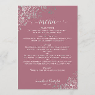 Elegant Silver Lace Frills Dusty Rose Pink Wedding Menu