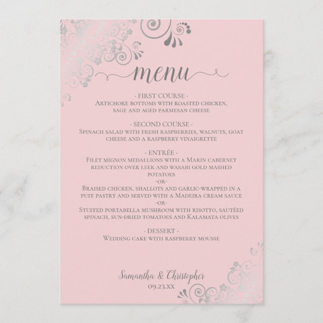 Elegant Silver Lace Frills on Blush Pink Wedding Menu (Front)