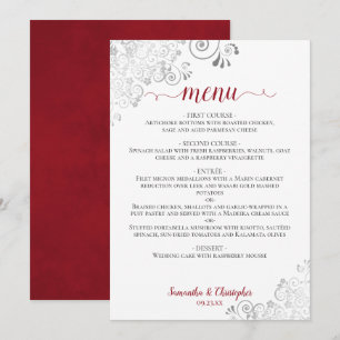 Elegant Silver Lace Frills Red & White Wedding Menu