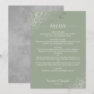 Elegant Silver Lace Frills Sage Green Wedding Menu