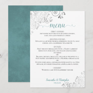 Elegant Silver Lace Frills Teal on White Wedding Menu