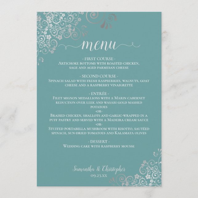 Elegant Silver Lace Frills Teal Turquoise Wedding Menu (Front)