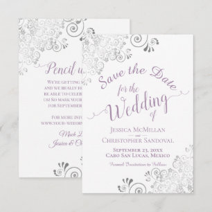 Elegant Silver Lace Lavender & White Wedding Save The Date