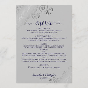 Elegant Silver Lace Navy Blue on Grey Wedding Menu