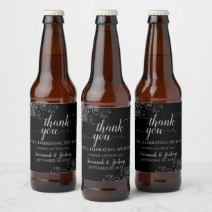 Elegant Silver Lace on Black Wedding Thank You Beer Bottle Label