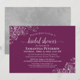 Elegant Silver Lace on Cassis Purple Bridal Shower Invitation