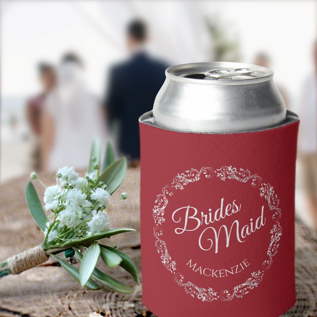 Elegant Silver Lace on Red Bridesmaid Wedding Can Cooler (Creator Uploaded)